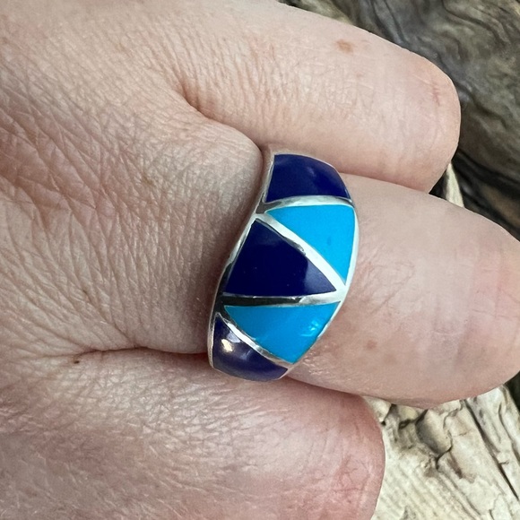 Thailand NF 925 Silver Ring Blue Turquoise Lapis Lazuli Inlay Zuni Navajo Style - Picture 3 of 9